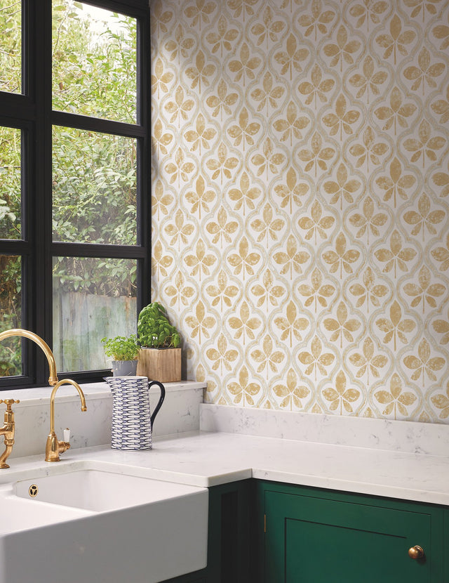 Sevilla Ochre Geometric Ogee Leaf Prepasted Wallpaper - York GO8271