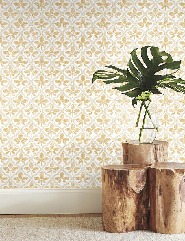 Sevilla Ochre Geometric Ogee Leaf Prepasted Wallpaper - York GO8271