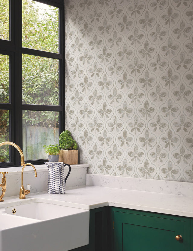 Sevilla Grey Geometric Ogee Leaf Prepasted Wallpaper - York GO8272