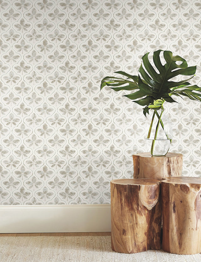 Sevilla Grey Geometric Ogee Leaf Prepasted Wallpaper - York GO8272