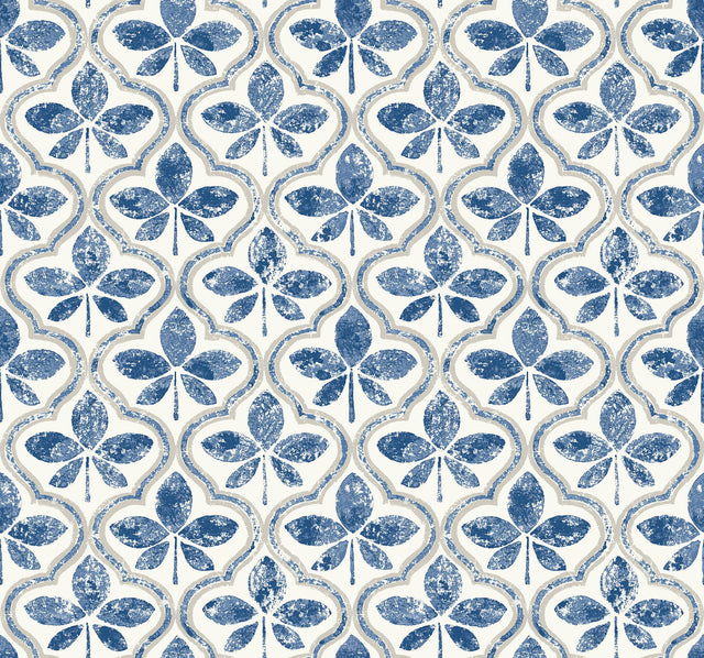 Sevilla Cobalt Geometric Ogee Leaf Prepasted Wallpaper - York GO8273