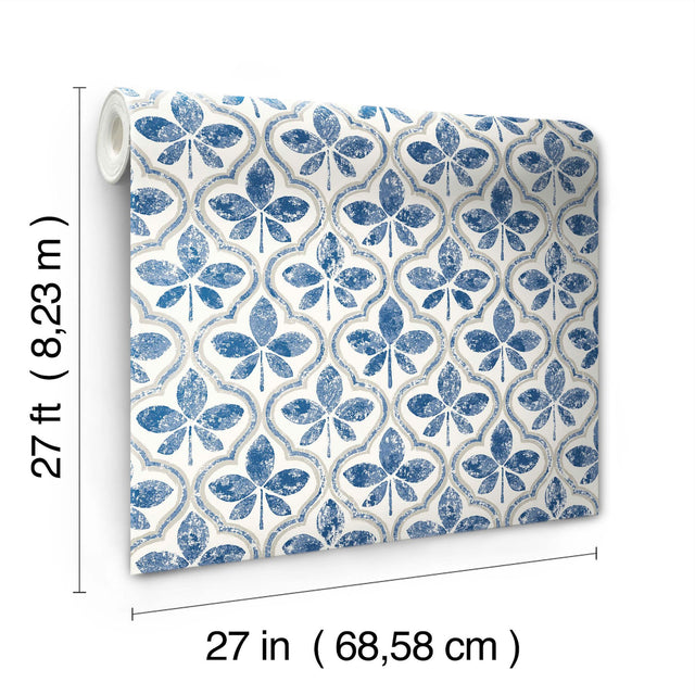 Sevilla Cobalt Geometric Ogee Leaf Prepasted Wallpaper - York GO8273