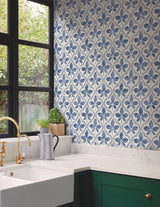 Sevilla Cobalt Geometric Ogee Leaf Prepasted Wallpaper - York GO8273