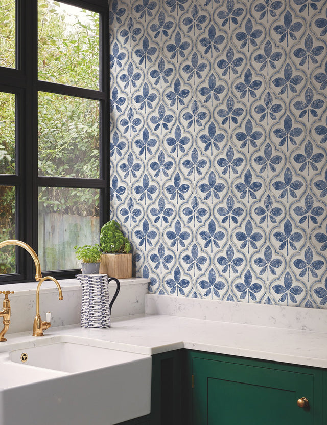 Sevilla Cobalt Geometric Ogee Leaf Prepasted Wallpaper - York GO8273