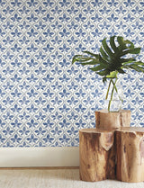 Sevilla Cobalt Geometric Ogee Leaf Prepasted Wallpaper - York GO8273