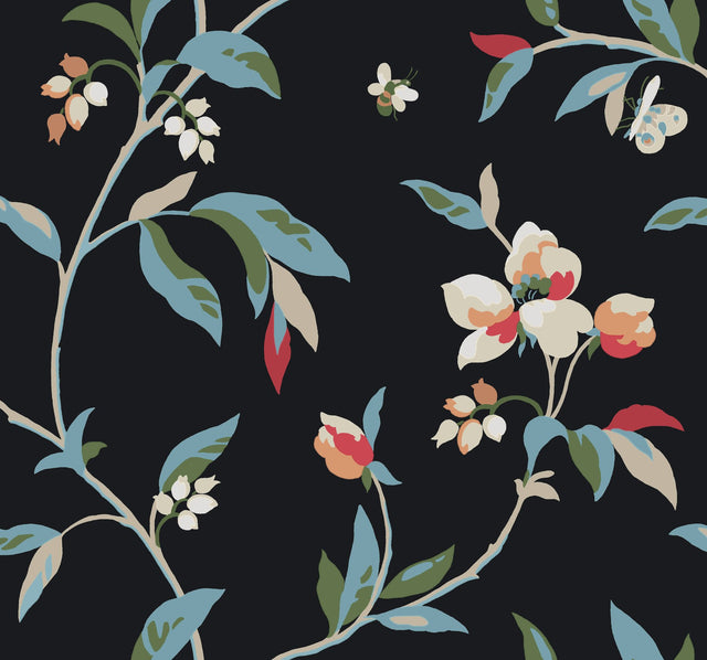 Springtime Black & Blue Wallpaper with Floral, Bees & Butterflies Motif - York GO8281