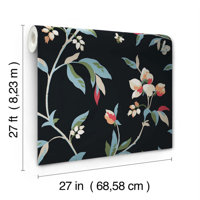 Springtime Black & Blue Wallpaper with Floral, Bees & Butterflies Motif - York GO8281