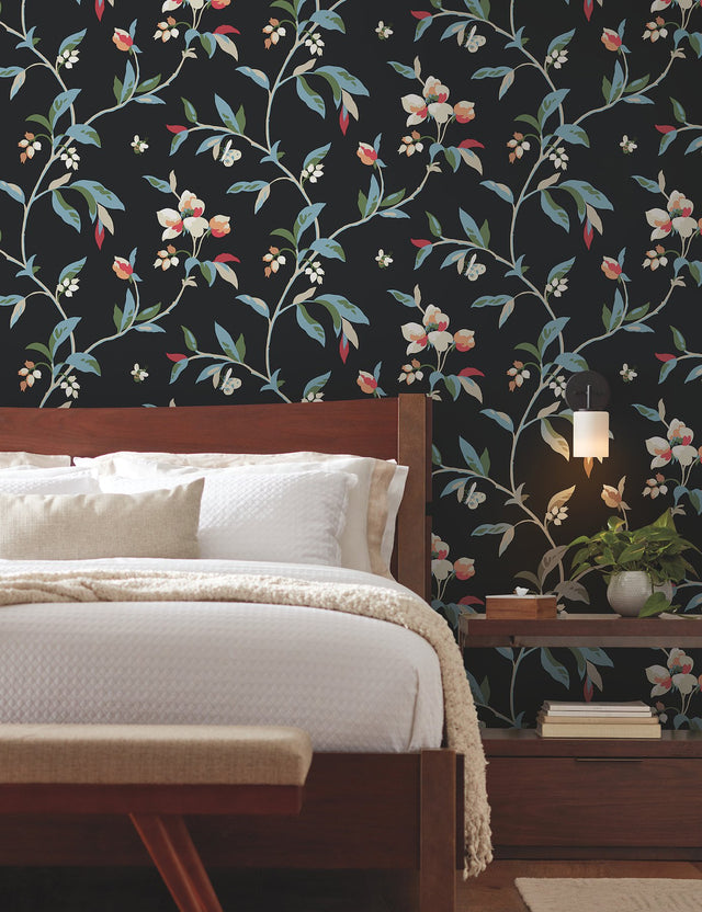 Springtime Black & Blue Wallpaper with Floral, Bees & Butterflies Motif - York GO8281