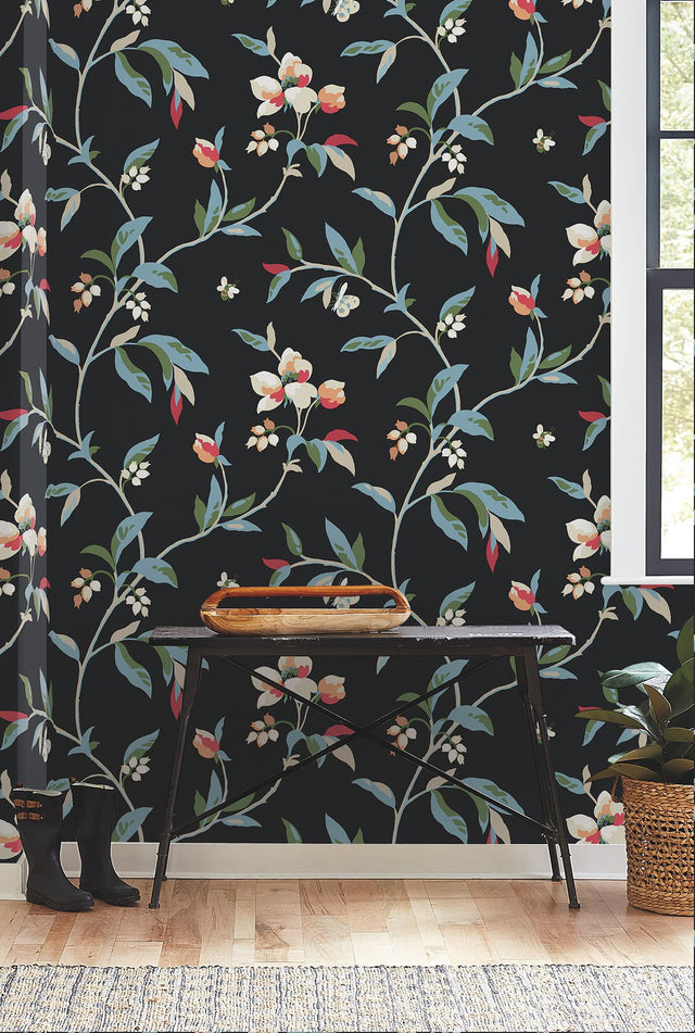Springtime Black & Blue Wallpaper with Floral, Bees & Butterflies Motif - York GO8281