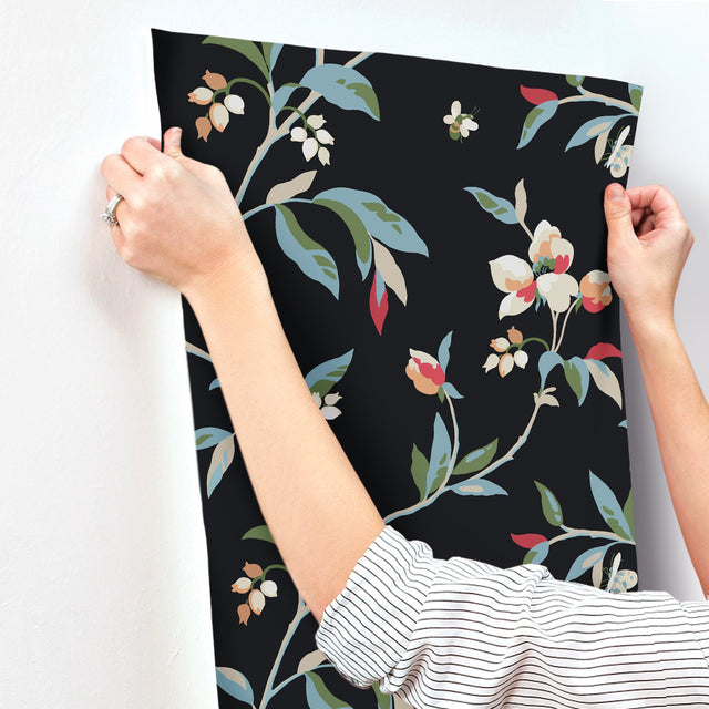 Springtime Black & Blue Wallpaper with Floral, Bees & Butterflies Motif - York GO8281