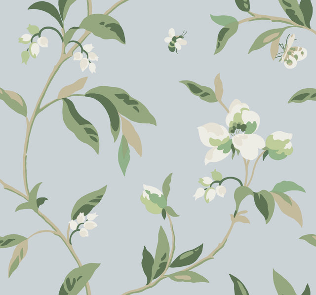 Springtime Blue & Green Wallpaper with Floral Blossoms and Butterflies - York GO8282
