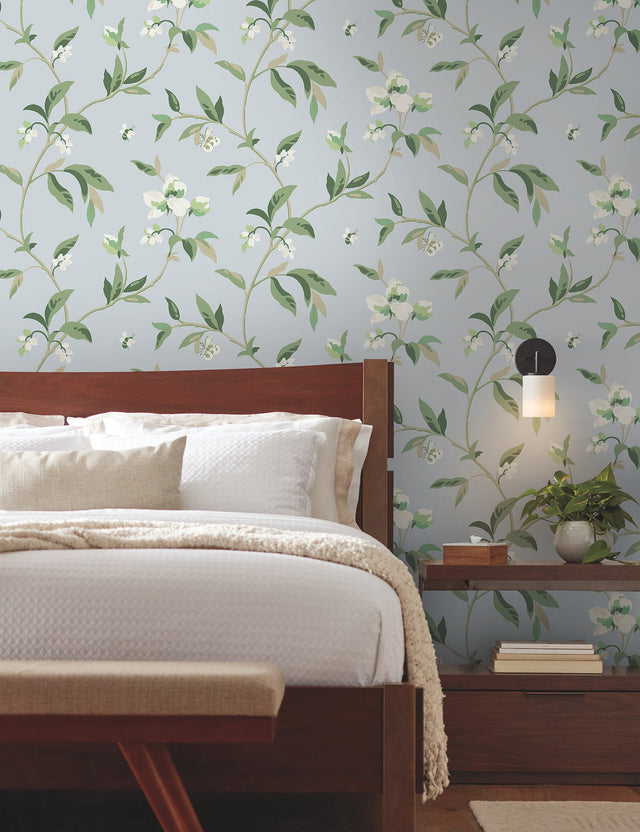 Springtime Blue & Green Wallpaper with Floral Blossoms and Butterflies - York GO8282