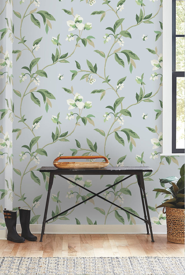 Springtime Blue & Green Wallpaper with Floral Blossoms and Butterflies - York GO8282