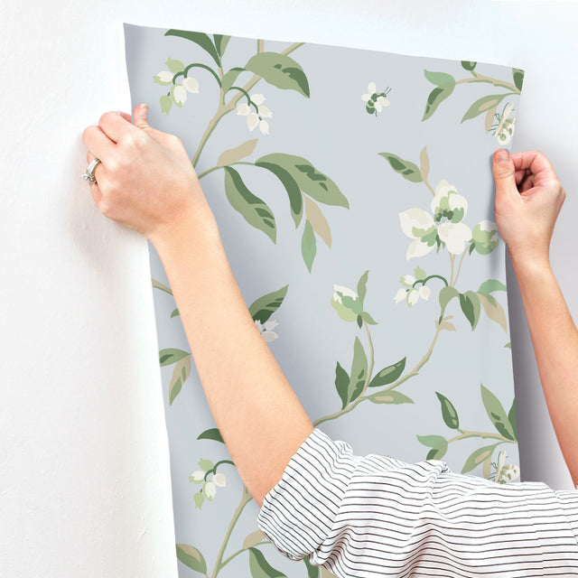 Springtime Blue & Green Wallpaper with Floral Blossoms and Butterflies - York GO8282