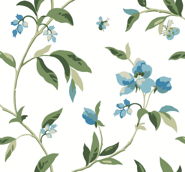 Springtime Blue & Green Floral Wallpaper with Bees - York GO8283