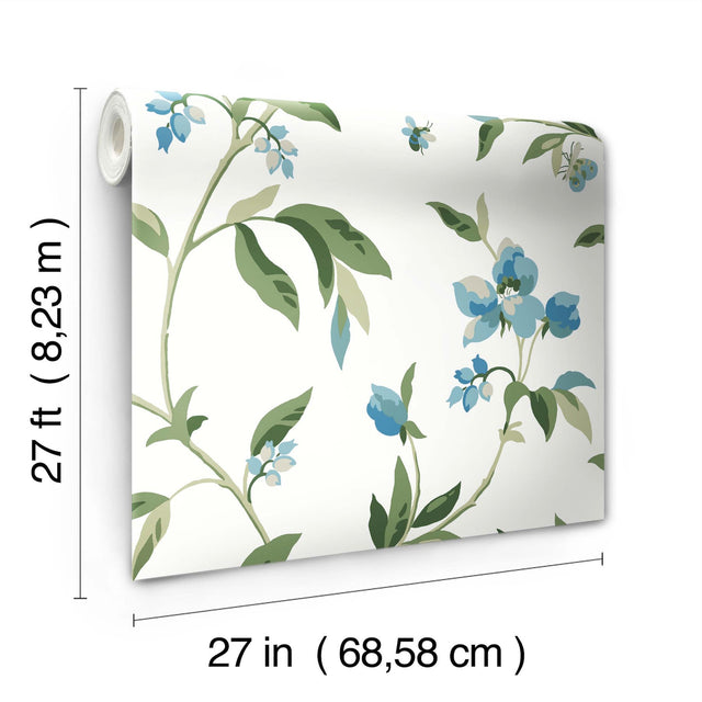 Springtime Blue & Green Floral Wallpaper with Bees - York GO8283