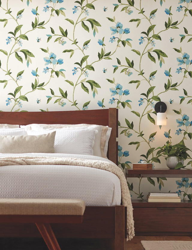 Springtime Blue & Green Floral Wallpaper with Bees - York GO8283