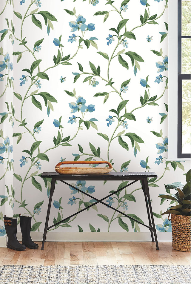 Springtime Blue & Green Floral Wallpaper with Bees - York GO8283