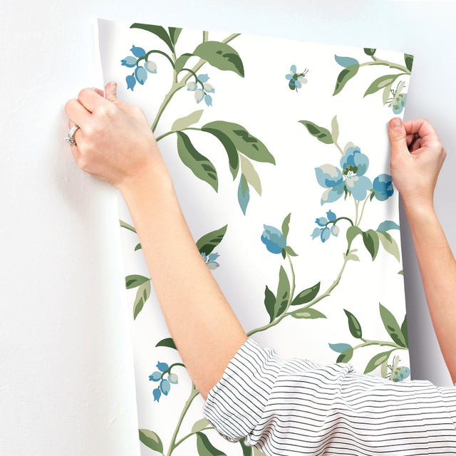 Springtime Blue & Green Floral Wallpaper with Bees - York GO8283