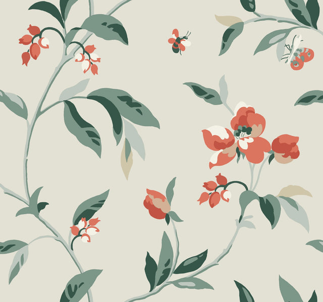 Springtime Beige & Orange Wallpaper with Floral Bees & Butterflies Motif - York GO8284