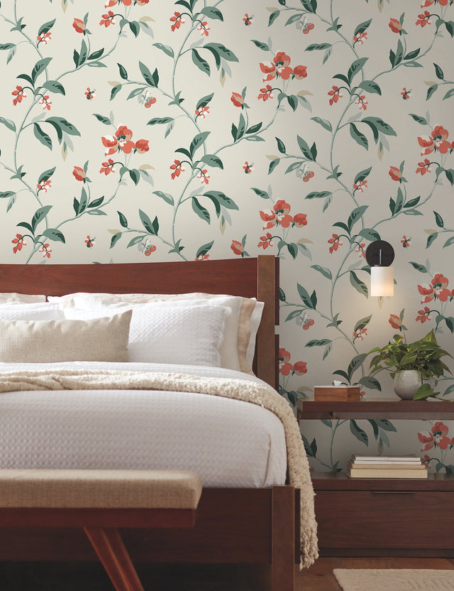 Springtime Beige & Orange Wallpaper with Floral Bees & Butterflies Motif - York GO8284