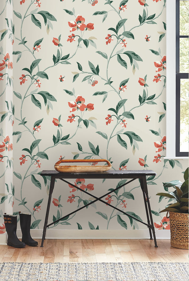 Springtime Beige & Orange Wallpaper with Floral Bees & Butterflies Motif - York GO8284
