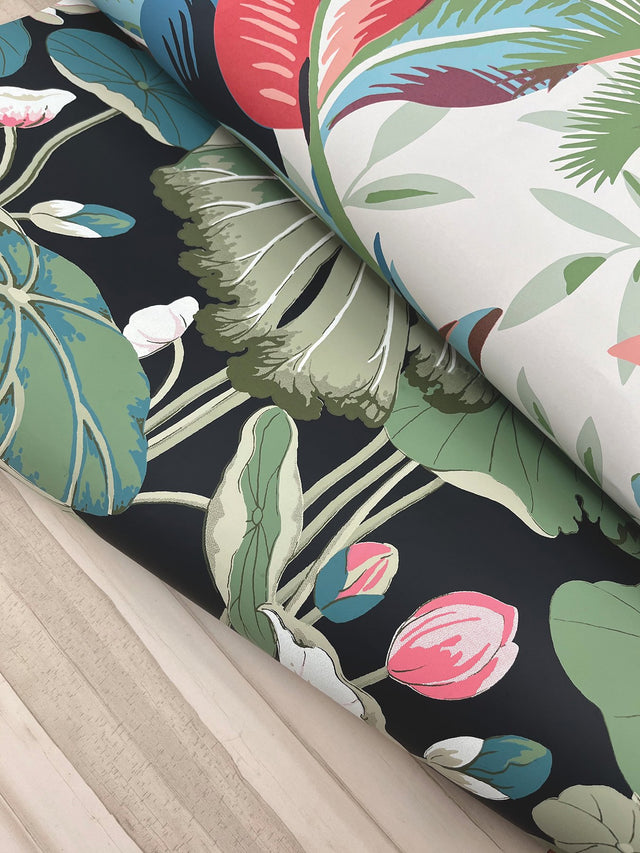 Lotus Pond Black & Pink Wallpaper with Botanical Lotus and Lily Pads Pattern - York GO8292