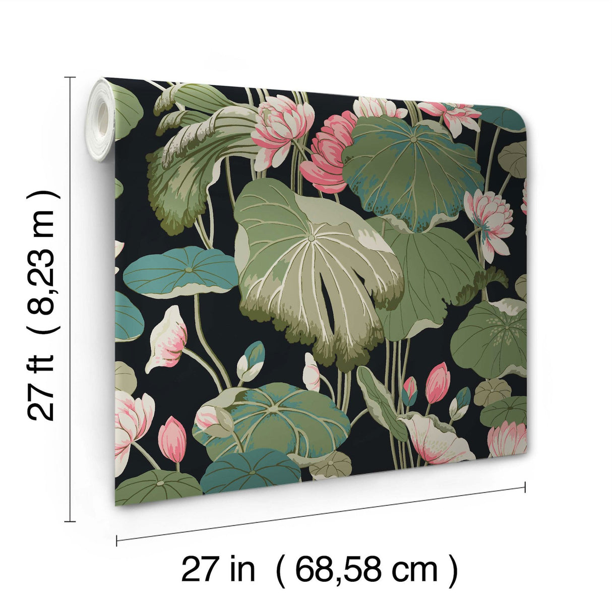 Lotus Pond Black & Pink Wallpaper with Botanical Lotus and Lily Pads Pattern - York GO8292