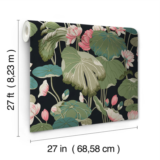 Lotus Pond Black & Pink Wallpaper with Botanical Lotus and Lily Pads Pattern - York GO8292