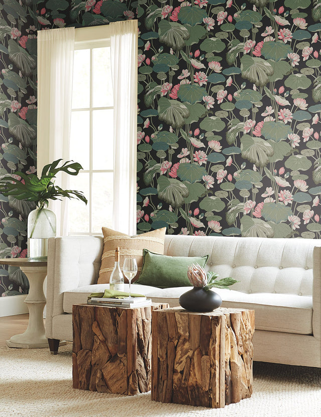 Lotus Pond Black & Pink Wallpaper with Botanical Lotus and Lily Pads Pattern - York GO8292