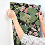 Lotus Pond Black & Pink Wallpaper with Botanical Lotus and Lily Pads Pattern - York GO8292