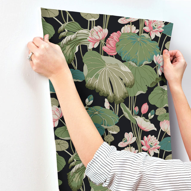 Lotus Pond Black & Pink Wallpaper with Botanical Lotus and Lily Pads Pattern - York GO8292