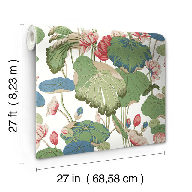 Lotus Pond Green & Pink Wallpaper with Botanical Lotus and Lily Pads Pattern - York GO8293