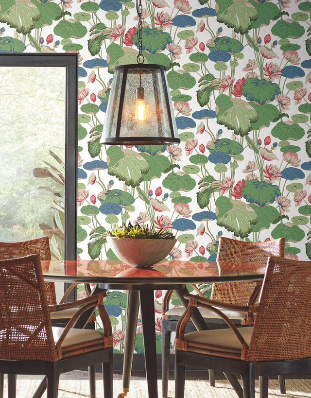 Lotus Pond Green & Pink Wallpaper with Botanical Lotus and Lily Pads Pattern - York GO8293