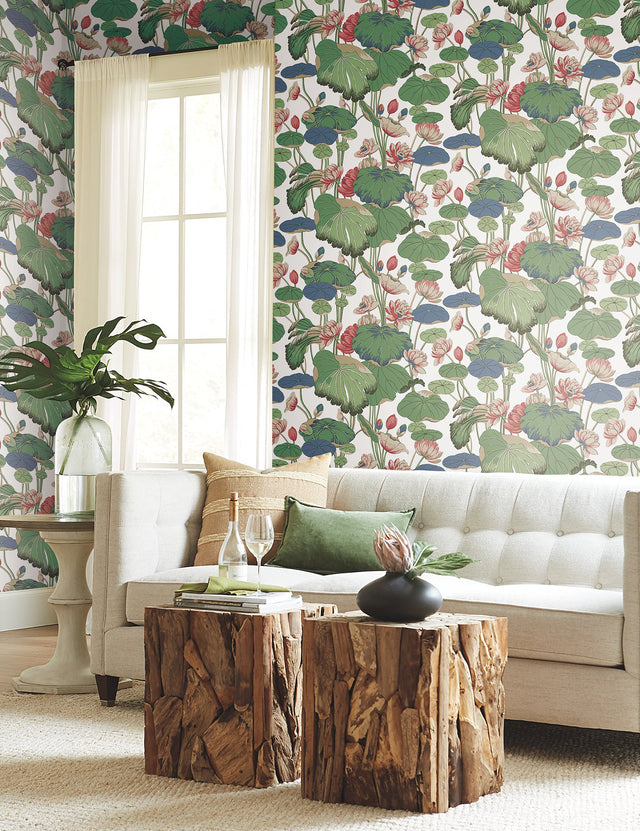 Lotus Pond Green & Pink Wallpaper with Botanical Lotus and Lily Pads Pattern - York GO8293