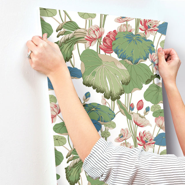 Lotus Pond Green & Pink Wallpaper with Botanical Lotus and Lily Pads Pattern - York GO8293