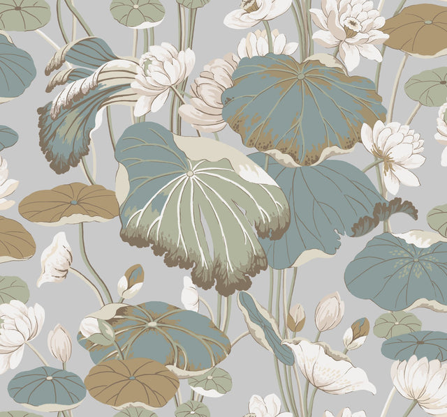 Lotus Pond Grey & Blue Wallpaper with Botanical Lotus Motif - York GO8294