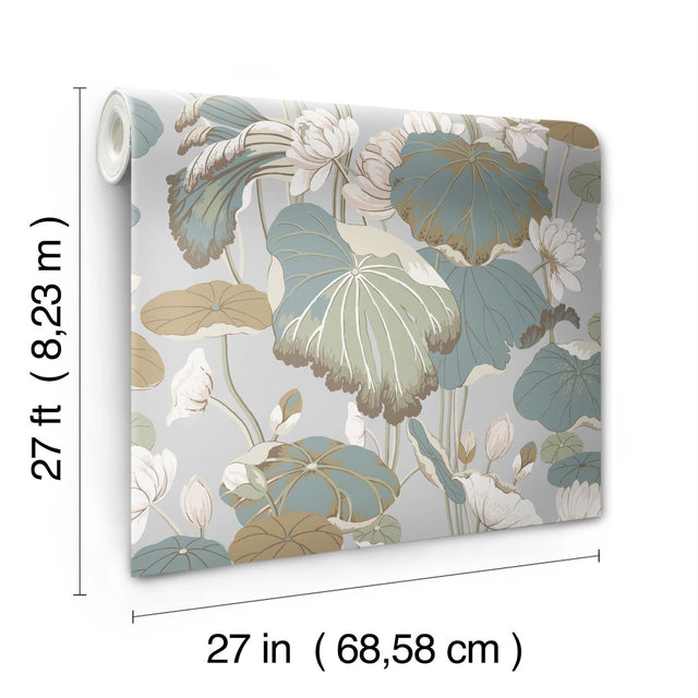 Lotus Pond Grey & Blue Wallpaper with Botanical Lotus Motif - York GO8294
