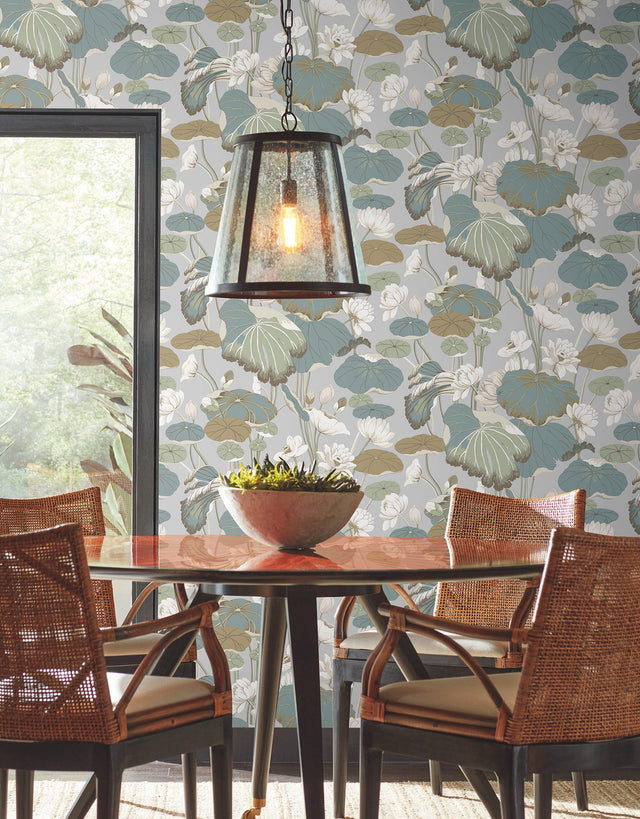 Lotus Pond Grey & Blue Wallpaper with Botanical Lotus Motif - York GO8294
