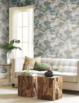 Lotus Pond Grey & Blue Wallpaper with Botanical Lotus Motif - York GO8294