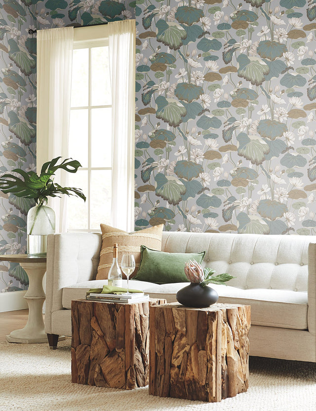Lotus Pond Grey & Blue Wallpaper with Botanical Lotus Motif - York GO8294