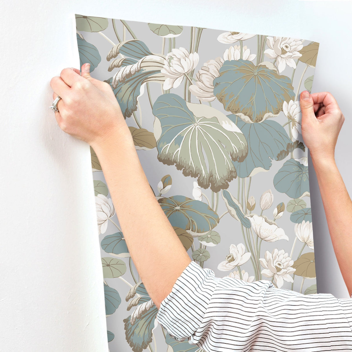 Lotus Pond Grey & Blue Wallpaper with Botanical Lotus Motif - York GO8294