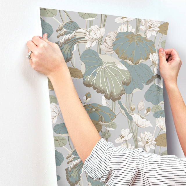 Lotus Pond Grey & Blue Wallpaper with Botanical Lotus Motif - York GO8294