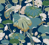 Lotus Pond Navy Metallic Wallpaper with Botanical Lotus Motif - York GO8295