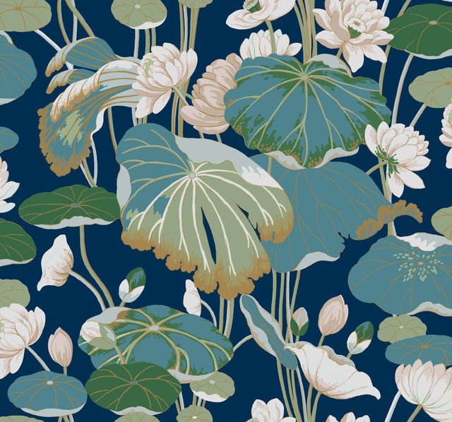 Lotus Pond Navy Metallic Wallpaper with Botanical Lotus Motif - York GO8295