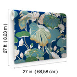 Lotus Pond Navy Metallic Wallpaper with Botanical Lotus Motif - York GO8295