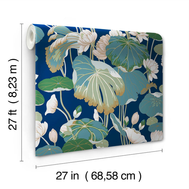 Lotus Pond Navy Metallic Wallpaper with Botanical Lotus Motif - York GO8295