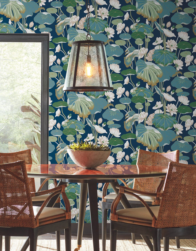 Lotus Pond Navy Metallic Wallpaper with Botanical Lotus Motif - York GO8295