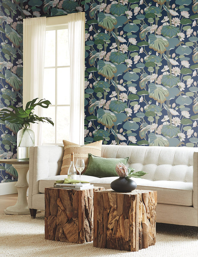 Lotus Pond Navy Metallic Wallpaper with Botanical Lotus Motif - York GO8295
