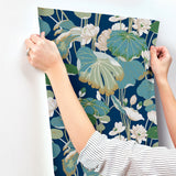 Lotus Pond Navy Metallic Wallpaper with Botanical Lotus Motif - York GO8295